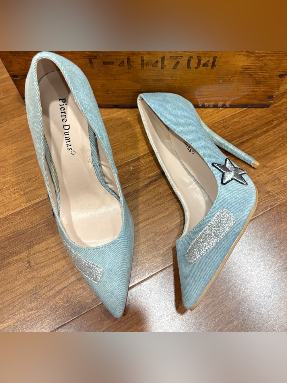 Pierre Dumas Light Blue Denim Pointed Toe Stiletto Pumps with Metallic Applique